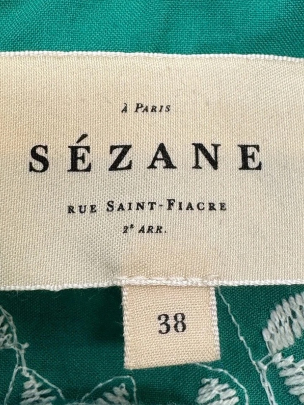 Sézane Green Dahlia Blouse Ecru Embroidery Short Sleeve Ruffle Med French 38/US6 - Picture 9 of 11